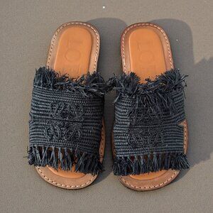 LOEWE Black Fringe Raffia Slide Sandals Size 38 / US 8